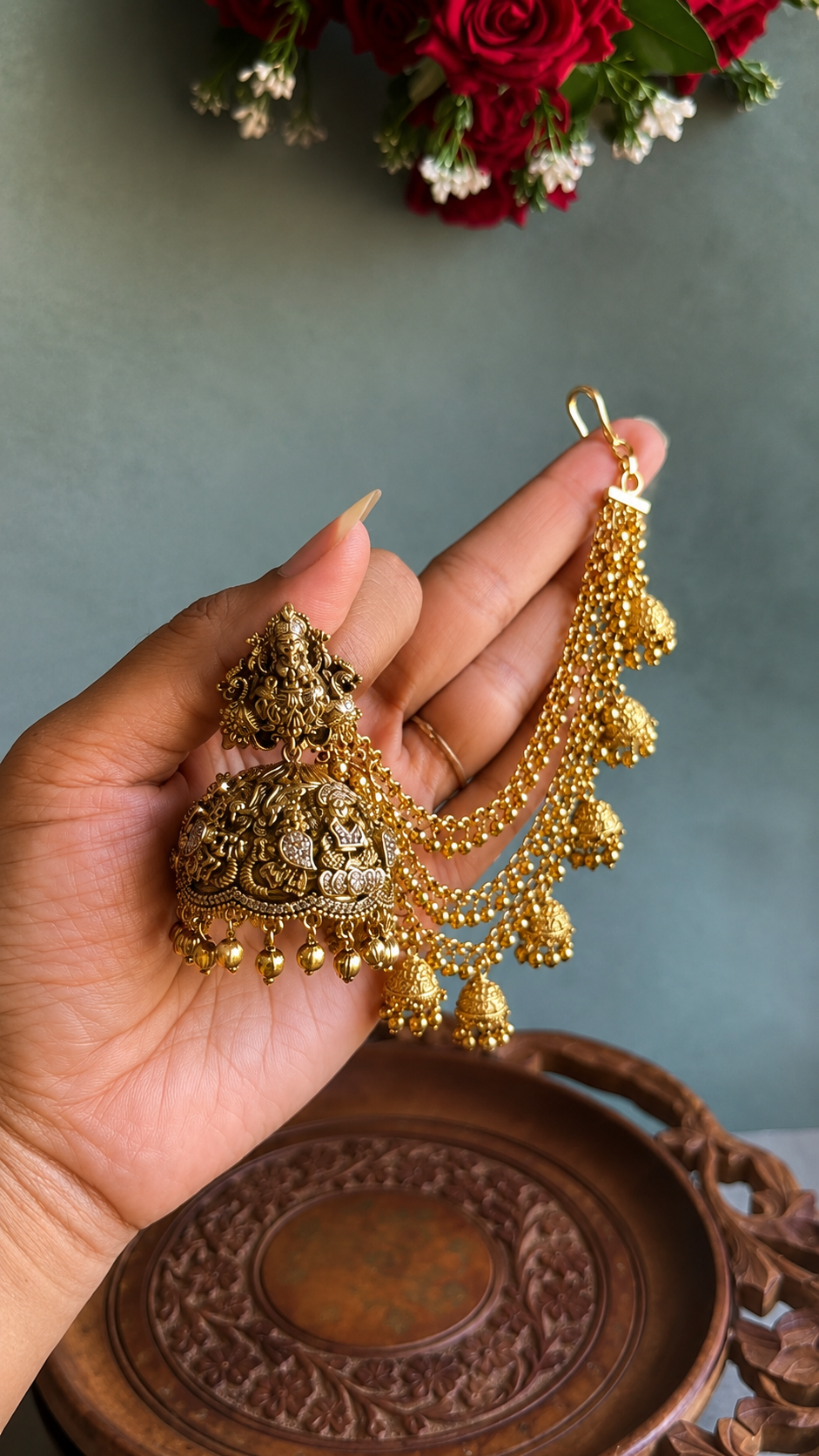Antique Laxmi Peackock Jhumka With Earchain