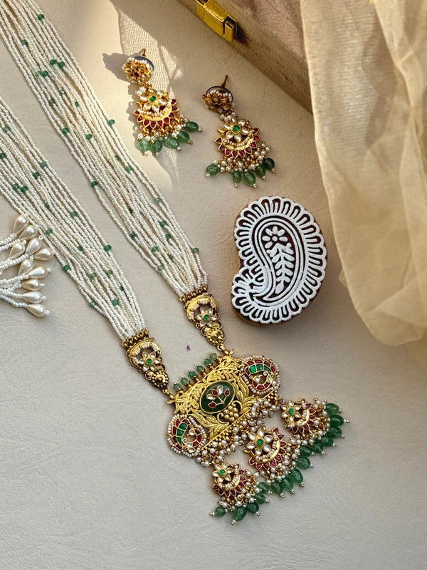 Multi White beads green and Long Necklace Set