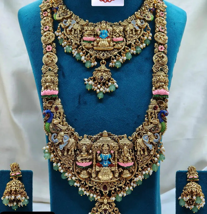 Gold Plated Lakshmi Temple Jewellery Set, Bridal Wedding Festive Dance Wear