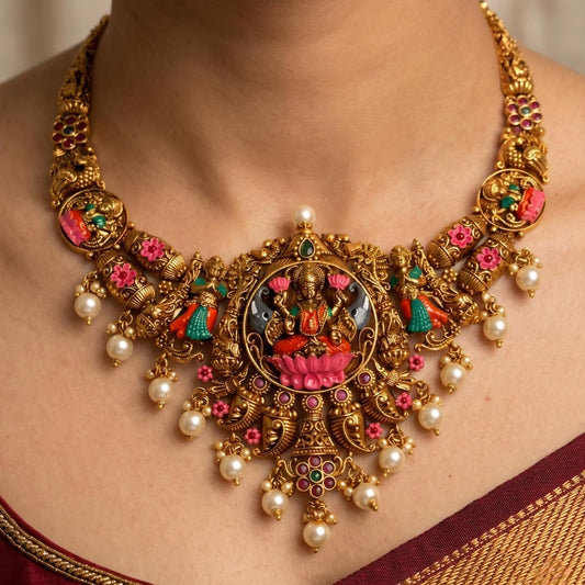 Lakshmi Meenakari Enamel Temple Necklace Set with Jhumkas