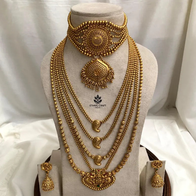 Gold Choker with Statement Pendant – Layered Rani Haram Combo Set
